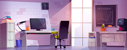 Vector office interior room with modern desk cartoon furniture illustration. Workplace on table with computer, mug, coffee machine and bin near drawers. Light ray from window in cabinet indoor scene