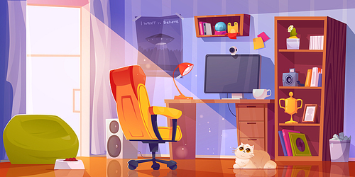 Vector workplace with computer for study and cat. Boy or girl teen interior room furniture with desk, monitor, poster, goblet and armchair. Streaming setup teenage flat illustration with pc and webcam