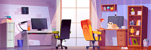 Hybrid office interior design for flexible remote work vector illustration. Workplace furniture for employee at home online and company location for schedule. Webcam solution for business conference