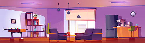 Office kitchen and break room with table, coffee machine, sofa, chair and table soccer game. Empty interior of room for work lunch and rest, vector cartoon illustration