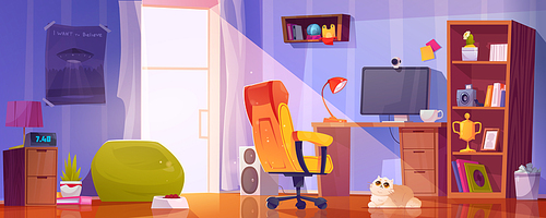 Vector workplace with computer for study and cat. Boy or girl teen interior room furniture with desk, monitor, poster, goblet and armchair. Streaming setup teenage flat illustration with pc and webcam