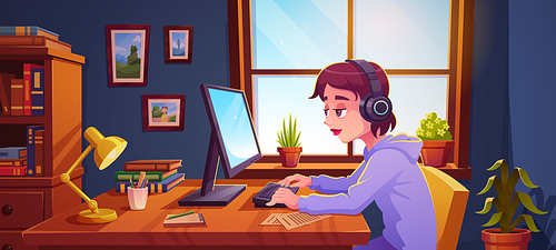 Teenager working on desktop computer at home. Vector cartoon illustration of teen girl studying in headphones, typing on keyboard, note papers scattered on desk, bookshelf and framed pictures on wall