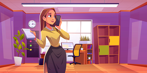 Woman talking phone in cabinet room background. Manager corporate office workplace interior with computer table, modern chair and plant near window. Businesswoman or employee in studio illustration