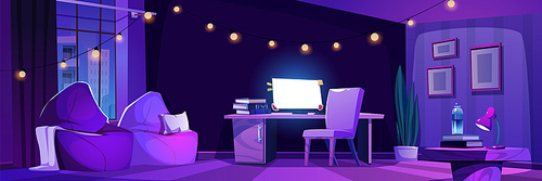 Night empty home office room interior cartoon vector background. Computer screen glow on table near chair and armchair furniture. Dark purple panoramic apartment with modern workspace and garland