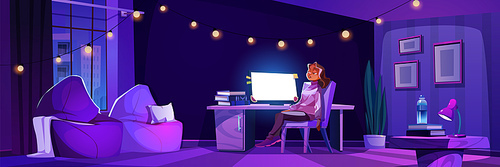 Tired woman sitting at home office interior at night. Burnout tiredness concept with female character on workspace with desk, computer and chair. Flat indoor and exhausted sad girl panoramic design