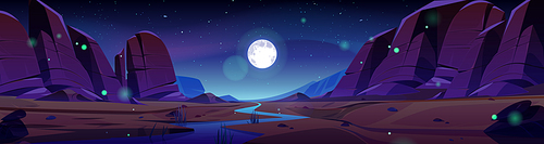 River in rock canyon desert, cartoon night landscape background. Dry sand land and dark mountain in national utah park with boulder stone. Ancient cliff formation near water under full moon light