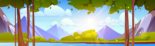 Spring mountain nature and green forest plants vector landscape illustration. Summer hill cartoon scenery with lake or pond, cloud and sun beam. Sunny valley near flowing river with tree and bush