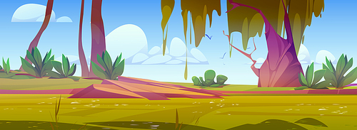Dangerous swamp in summer forest. Vector cartoon illustration of lake with dirty green water, stones on ground under trees, birds flying in blue sky with clouds. Adventure game landscape