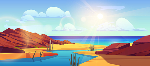 River delta landscape with water flowing into sea. Vector cartoon illustration of rocky stones, grass on sandy coast, bright sun shining in blue sky above seascape. Natural background for travel game