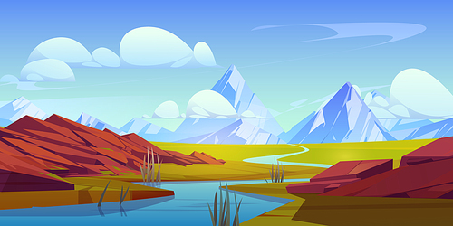 Alpine mountain valley landscape with river. Vector cartoon illustration of water flowing from rocky range, green grass and stone hills on banks, blue sky with clouds. Travel adventure background