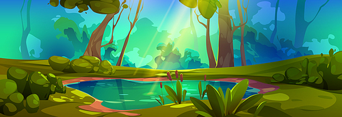 Swamp in forest vector game landscape background. Green fantasy lake water with reed scene. Wild nature fairytale environment for adventure scene with sunlight beam in summer concept with nobody.