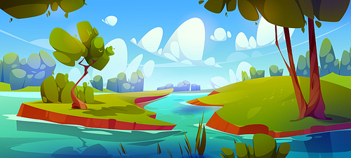 Cartoon forest with lake landscape background. Pond water near tree beautiful nature summer scene drawing. Fantasy outdoor woods valley meadow on hill near creek travel environment graphic backdrop.