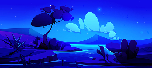 Night desert landscape with river flowing in valley. Vector cartoon illustration of natural scenery with exotic cacti, sandy dunes, stars and clouds in dark sky, moonlight reflection on water surface