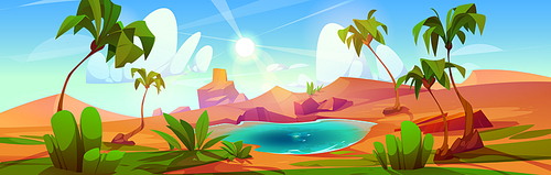Cartoon desert oasis with lake and palm trees. Vector illustration of sandy landscape with dunes, green tropical plants, blue water in pond, hot sun shining in sky with clouds. Travel game background