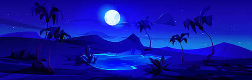 Night oasis in sahara desert vector cartoon landscape. Palm tree, lake and drought mountain tropical mirage image for savannah scene. Egyptian or dubai heat dune nature for game graphic wallpaper