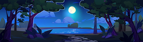 Lake in forest and night starry sky cartoon landscape background. Fantasy vector halloween scenery at midnight with full moon, water in pond and tree. Wonderful midnight valley with light reflection