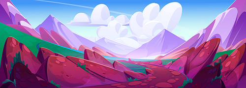 Soil road to mountain view landscape background. Nature outdoor illustration with cloud, boulder and hill beautiful environment panorama. Empty soil path to distant horizon at noon game travel concept