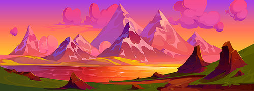 Lake and mountain sunset sky summer landscape background. Orange, pink and purple beautiful horizon scenery. Calm and magic outdoor adventure illustration for hiking or vacation panoramic design