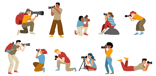 Photographers taking pictures, standing, sitting and lying with cameras in hands, flat vector characters set. Cartoon men women shooting photos at work or on vacation. Creative people enjoying hobby