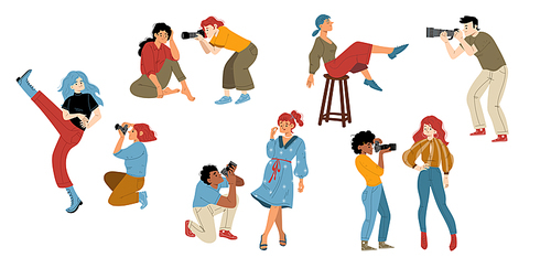 Women posing in front of photographers with professional cameras flat characters set on background. Vector illustration of stylish female models sitting, standing, smiling on camera. Creative hobby