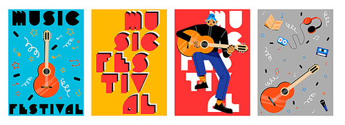Music festival poster templates set. Flat vector illustration of vintage banners with female character playing guitar and background with notes, microphone, casette player, retro style lettering