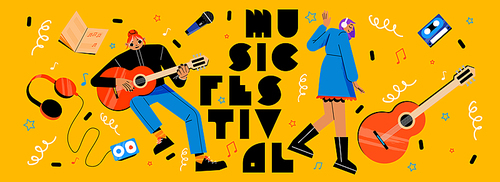 Music festival poster with musician girl with guitar, microphone, mixtape cassette player and headphones, cartoon illustration. Vector banner of concert, musical show or festival