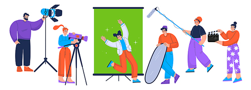 Film crew record movie with actress playing role at chroma key screen and staff with professional light equipment, video camera, clapper and microphone shooting episode Linear flat vector illustration