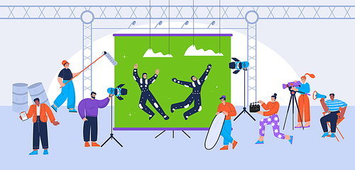 Film crew shoot movie with actors playing role at chroma key screen and staff with professional equipment, video camera, light, clapper and microphone shooting episode Linear flat vector illustration