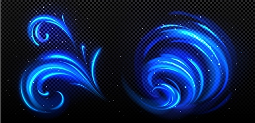 Abstract blue swirl, cold wind motion, twirls and flows. Spiral and curl light lines with sparkles. Effect of winter air vortex, blizzard, vector realistic illustration
