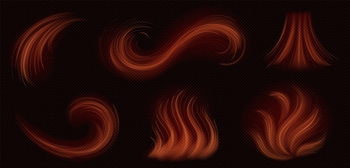Realistic set of hot air flow effect isolated on transparent background. Vector illustration of abstract orange swirls. Symbol of infrared light beam, heat energy radiation trail, warm wind blowing