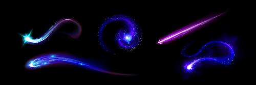 Rocket or spaceship engine trail light effect vector. 3d plane ship speed launch glow flare. Aviation vfx game ui contrail for meteorite or comet flight set. Blue and purple shuttle startup steam