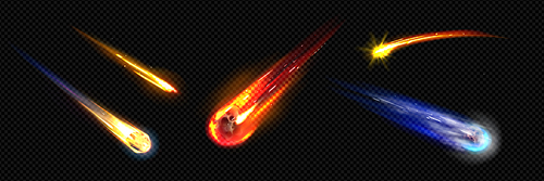 Meteor or comet space trail fire light vector effect. 3d isolated realistic meteorite flame speed glow. Night planet tail sparkle. Missile burn or fireball shooting ui vfx astronomy illustration.
