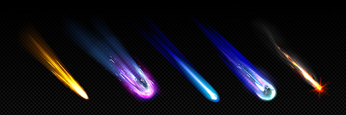Falling and burning comet with light trail - realistic vector illustration set of space meteor or asteroid flying at high speed, flaming and leaving glow fire or ice tail behind. Star rain concept.
