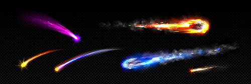 Comets with glowing trail effect. Realistic vector illustration set of various asteroids, meteors or other space rocky bodies flying at high speed and leaving bright tail of glowing fire or ice.