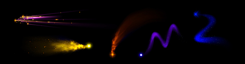 Missile or star light trail effect. Realistic vector illustration of rocket or space object falling or flying with colorful glowing neon tail. Magic flare with motion streak and shine dust and sparks.