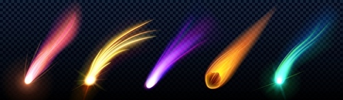 Comet trail effect and meteor star light vector. Asteroid speed fall flame and galaxy fire 3d isolated illustration. Realistic night flare glow from rocket tail. Fireball or missile burst ui vfx