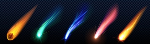 Comet or meteor trails set isolated on transparent background. Vector realistic illustration of asteroid, shooting star, missile, rocket, burning rock falling from sky at high speed, neon light tail