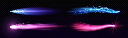 Magic power light trails set isolated on transparent background. Vector realistic illustration of lightning strike, missile, fantasy laser arrow, shooting star motion effects in neon blue, pink colors