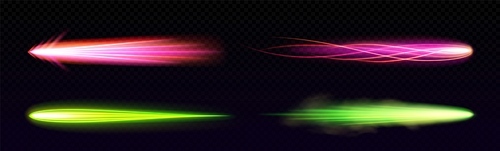 Rocket missile or star falling light vfx effect. Realistic vector illustration of green and pink magic flame with neon glowing tail with particles and steam. Space ship or cosmic object motion trail.