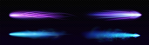 Rocket missile or star motion light trail effect. Realistic vector of purple and blue flame vfx with neon glowing tail with particles and steam. Space ship or cosmic body shine smoke streak.