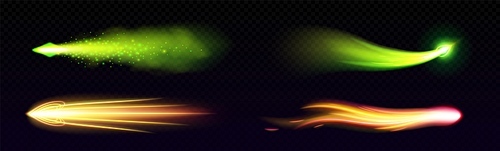 Futuristic weapon light trails set isolated on transparent background. Vector realistic illustration of magic power strike, missile, rocket, fantasy arrow motion effects in neon green, yellow colors
