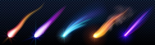 Falling or flying comet or meteor with colorful dust and smoke trail with light glowing effect. Realistic vector illustration set of space object or rocket motion vfx with fireball and steam tail.