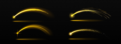 Set of shootings stars with golden arc trails isolated on transparent background. Vector realistic illustration of yellow beam with sparkling flare at end, magic power effect with shimmering particles