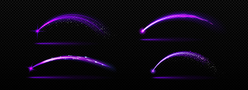 Shooting star with purple glowing arc burst track. Realistic vector illustration of curved luminous trail with sparkle particles. Neon flying meteor with twinkle line, glitter and overlay effect.