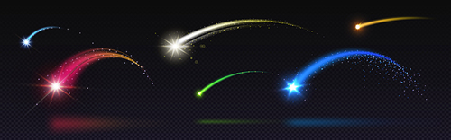 Trace of shooting star in form of arch. Realistic vector illustration of various colors falling meteor with arc glowing trail with sparkles. Flying space object or magic wand light trail with glitter.