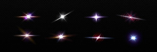 Light flare star with glow and shine effect vector. Bright camera twinkle with sparkle and glitter. Transparent realistic flicker graphic. Disco flashlight glimmer with red, purple and yellow color