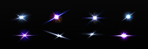Light shine effects set isolated on transparent background. Vector realistic illustration of magic star twinkling in darkness, alien planet sparkling in space, neon white glimmer, bright camera flash
