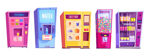 Vending machines with snacks, fast food, water, ice cream and sweets. Vector cartoon set of automatic vendor machines for sale food, candies and drinks isolated on white background