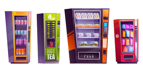 Set of isolated vending machine with snack, candy and tea vector cartoon illustration. Dispenser device sell soda, water and healthy lunch. Push button to receive salad, sandwich or cookies.