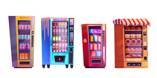 Vector vending machine with drink and snack food. Isolated cartoon dispenser icon set selling bottle, coffee can, bakery and ice cream. Vendingmachine full slot of sweets, juice and cracker.